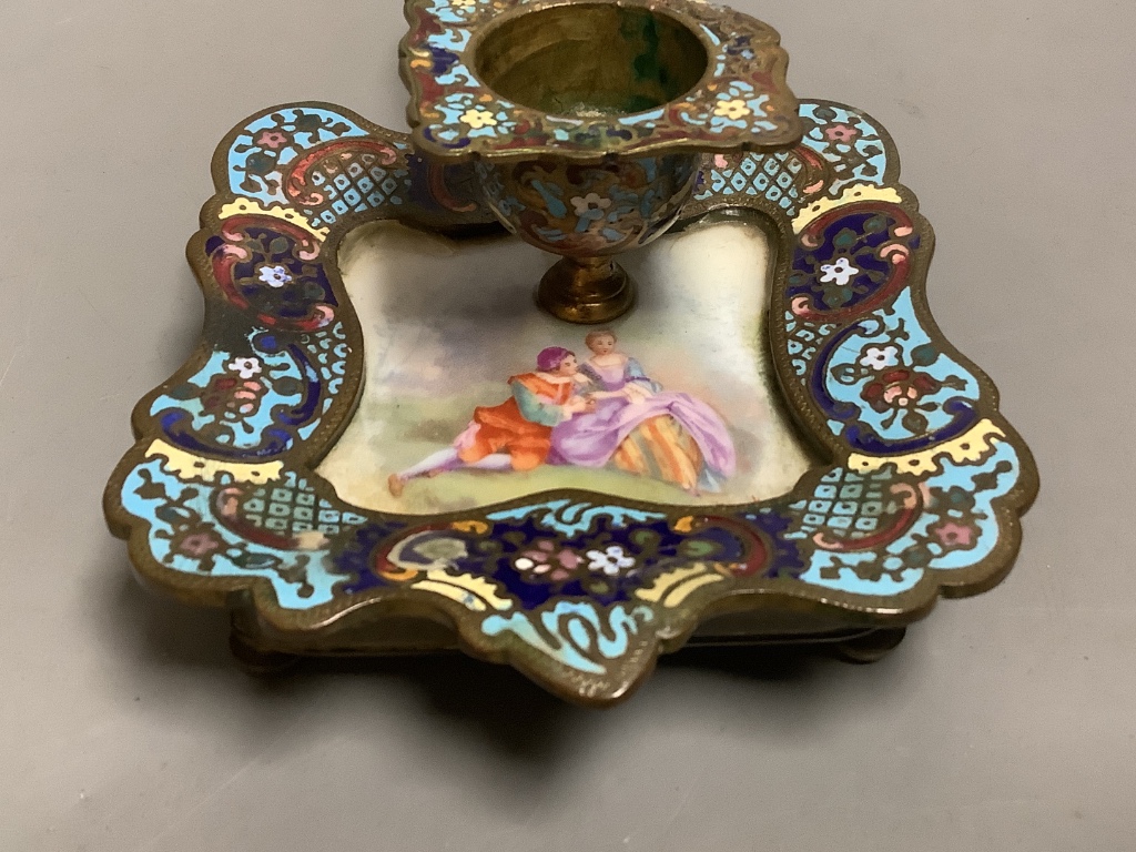 A 19th century French champleve enamel and porcelain chamberstick, 17cm